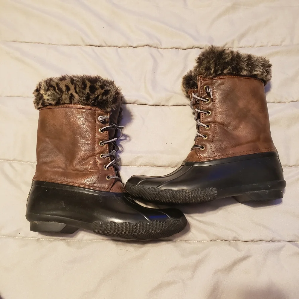 Sperry Girl Brownblack Topsider Saltwater Duck boots fauxfur lining Waterproof 3